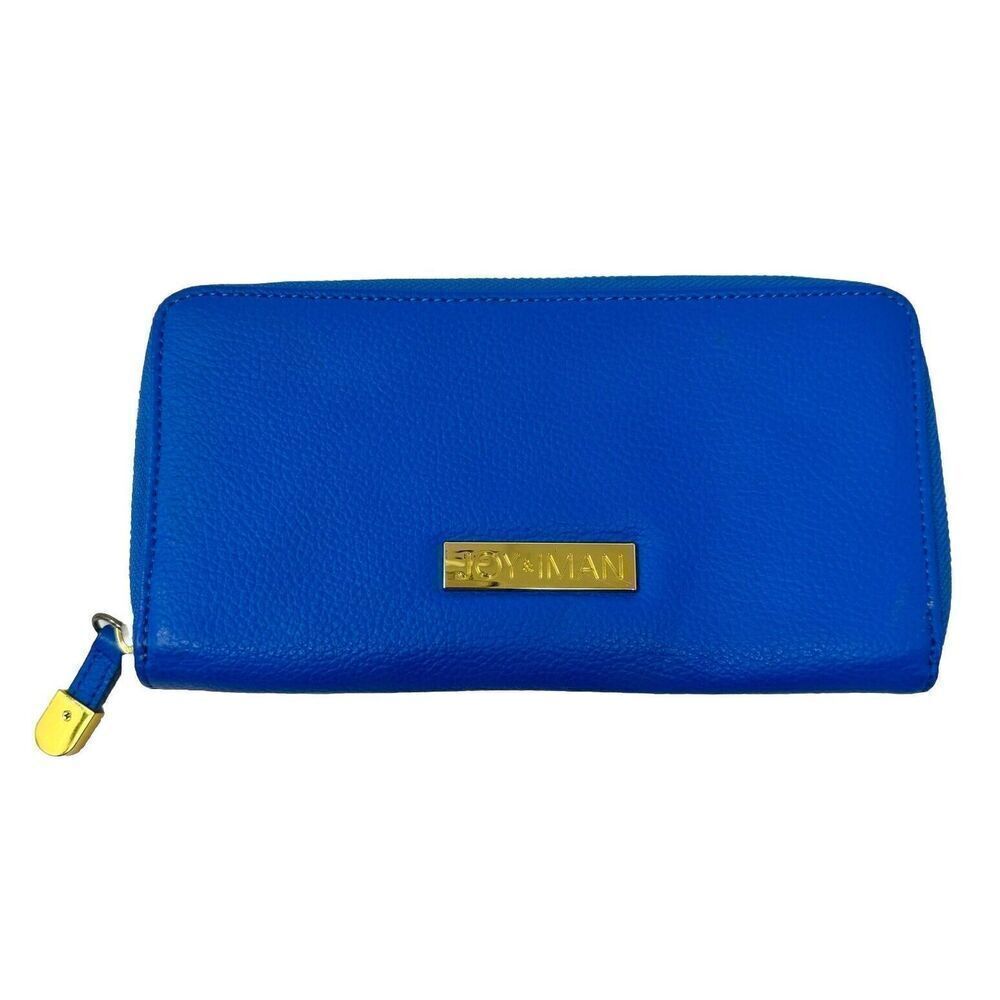 Joy & Iman Tan Leather Zip Card Pockets Sky Blue Clutch Wristlet